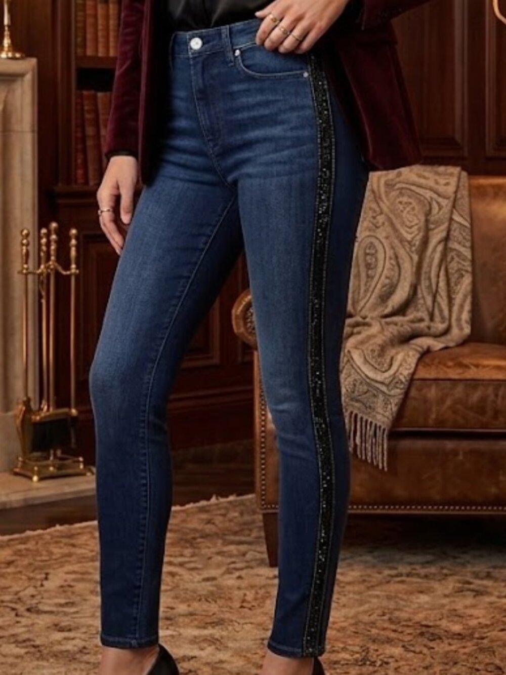 7 For All Mankind Dark Blue Skinny Jeans with Side Glitter Stripe Size 32